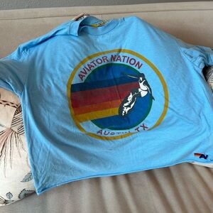 Aviator Nation Light Blue Tee with Rainbow Graphic